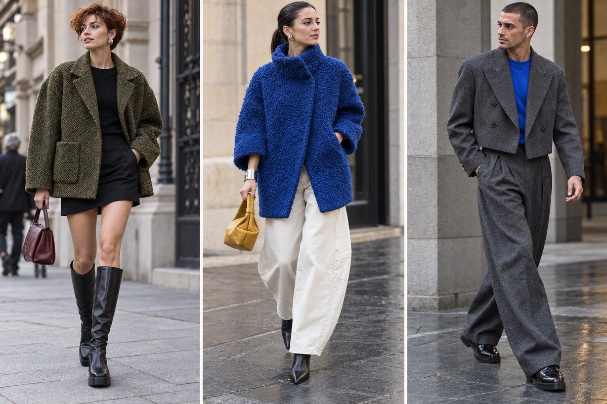 Chaqueta amplia de tweed verde, abrigo cocoon de bouclé azul y traje gris de franela de lana en tres looks urbanos