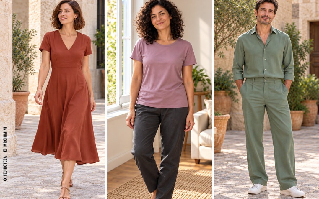 Tres ejemplos de aplicación: vestido terracota, camiseta malva y conjunto verde de camisa y pantalón