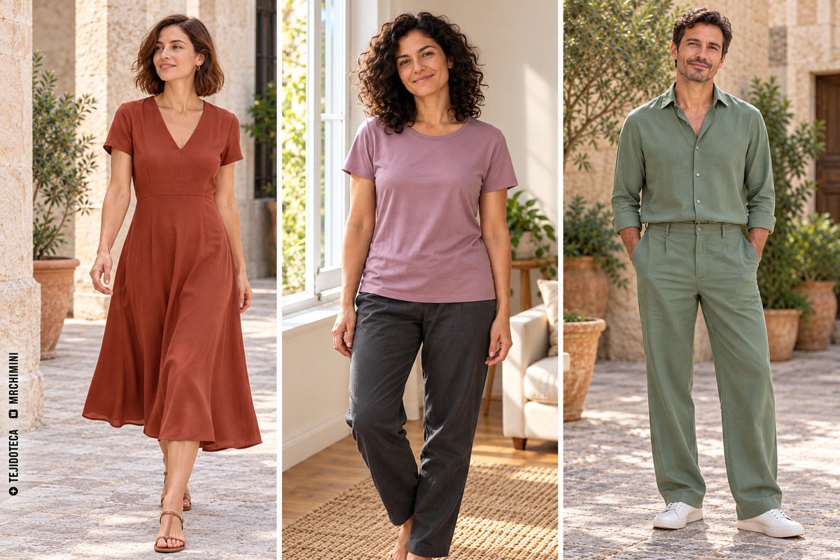 Tres ejemplos de aplicación: vestido terracota, camiseta malva y conjunto verde de camisa y pantalón