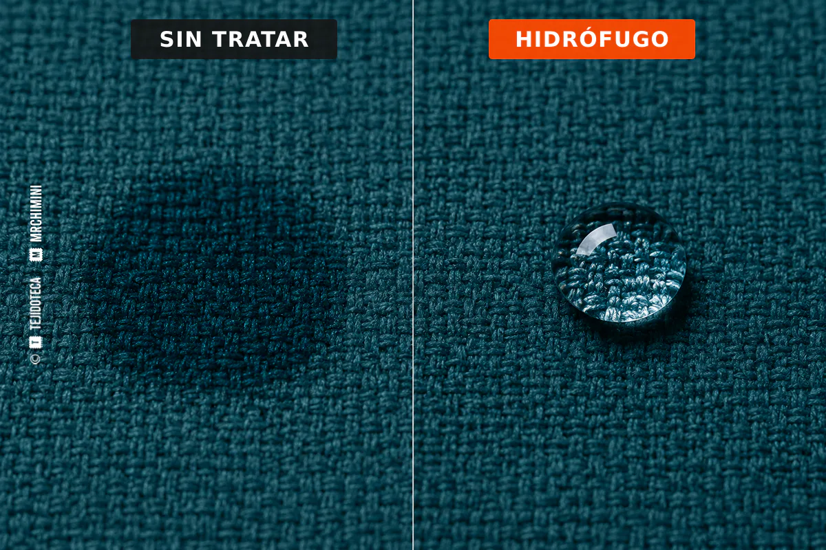 Gotas de agua formando perlas sobre un tejido hidrófugo