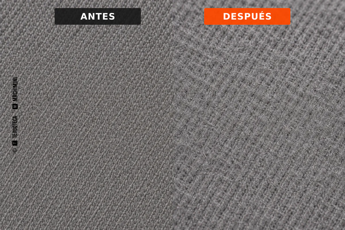 Comparación del mismo tejido antes y después del perchado